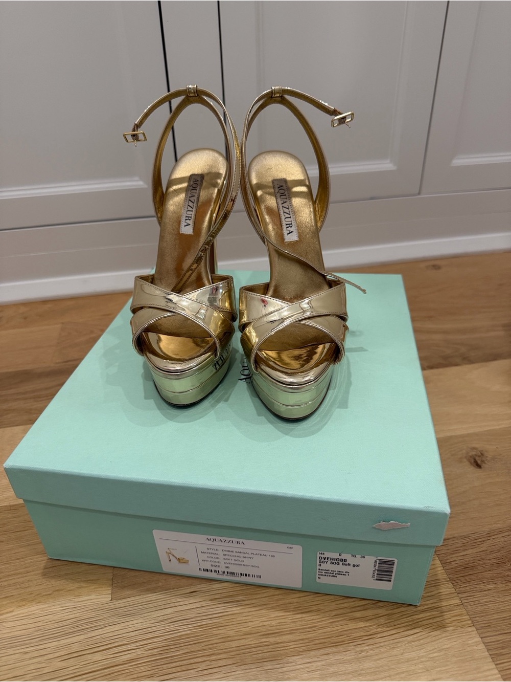 Aquazzura Metallic Gold Crisscross Platform Sandals